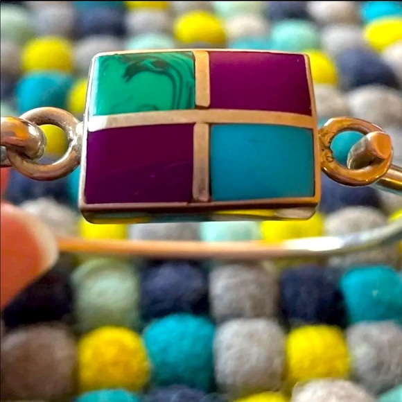 Turquoise multistone inlay sterling bracelet - Picture 2 of 3